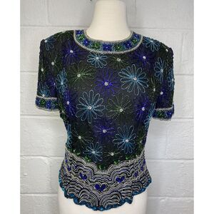 VTG Laurence Kazar Glam‎ Beaded Top Hearts Flowers Kitsch Womens Large Petite PL